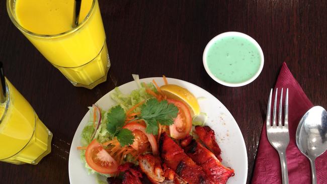 Chicken tikka and mango lassi.