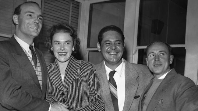 Doll cast members John Sumner, June Tago and Lloyd Berrell with Lawler in 1956. Picture: Cliff Potter/The Courier-Mail