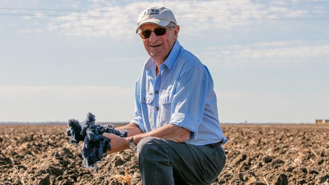 Goondiwindi Cotton founder Sam Coulton with shredded cotton that is spread on paddocks pre-sowing as part of a groundbreaking circularity project to divert textile waste from landfill. Picture: Melanie Jenson