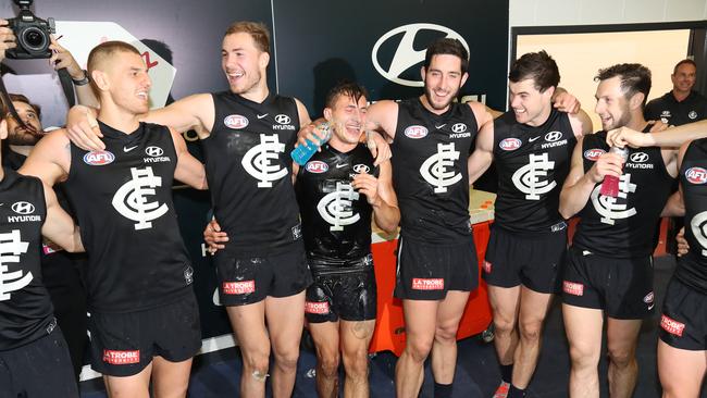 The Blues celebrate a fourth win in six games. Picture: Alex Coppel