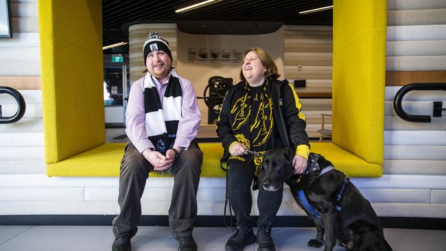 Collingwood fan Sam Colley and Richmond supporter Nadia Mattiazzo are both blind but both love going to the footy. Aaron Francis/The Australian