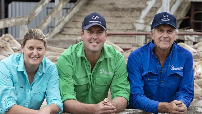 Kate, Trent and John Carter from Wallaloo Park Merino stud at Marnoo in western Victoria.