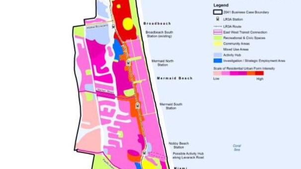 A council planning map showing likely intense development from Broadbeach to Burleigh due to light rail.