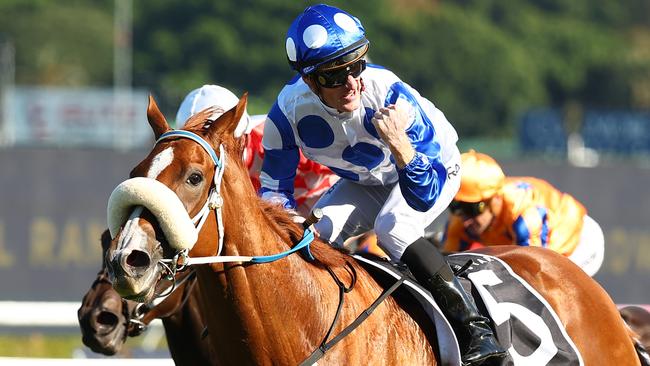 SYDNEY, AUSTRALIA - APRIL 13: Mark Zahra riding Autumn Angel wins Race 6 The Star Australian Oaks during Sydney Racing: The Championships at Royal Randwick Racecourse on April 13, 2024 in Sydney, Australia. (Photo by Jeremy Ng/Getty Images)