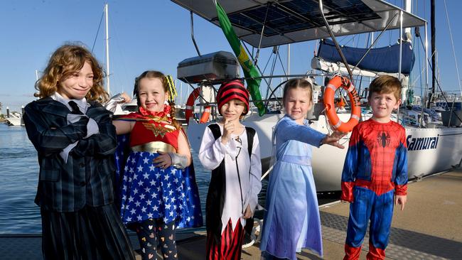 Superhero Sunset Sail at Breakwater Marina. Superhers Amy-Jai Plant, 10, Kaitlyn McDonald, 8, Phillip Plant 7, Emily Fearns, 7 and Chevy Rugg, 5. Picture: Evan Morgan