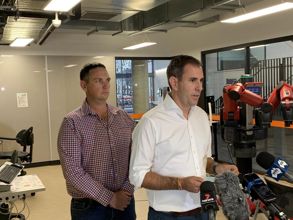 Dawson Labor candidate Shane Hamilton (left) stands with Opposition Treasurer Jim Chalmers at the Mackay CQU campus on April 14. Mr Hamilton says private finance won’t back the proposed Collinsville coal-fired power station and he reckons hydrogen energy is the way forward for Collinsville and Bowen. Picture: Duncan Evans