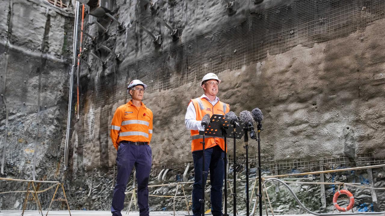 Deputy Premier Steven Miles with Graeme Newton from Cross River Rail at the Cross River Rail Albert Street site on Sunday. Picture: Richard Walker