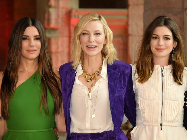 Sandra Bullock, Cate Blanchett and Anne Hathaway at the Ocean's 8 photo call at The Metropolitan Museum of Art in New York City last month. Picture: Mike Coppola/Getty Images