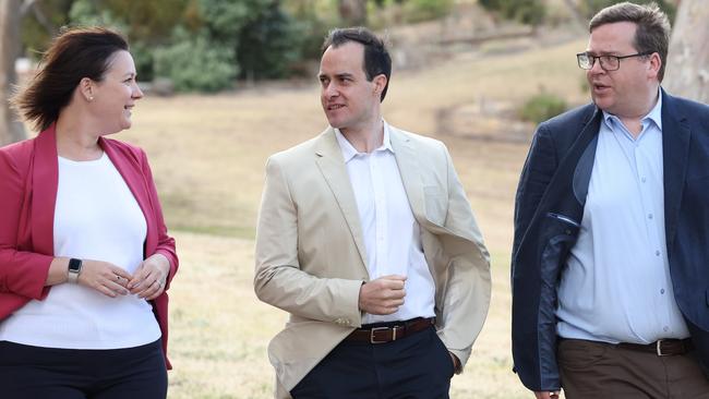 Leader of the Opposition Vincent Tarzia prepares to tackle the Black by-election loss earlier this year, pictured with Heidi Girolamo MLC and John Gardner MP (right). Picture: Russell Millard Photography