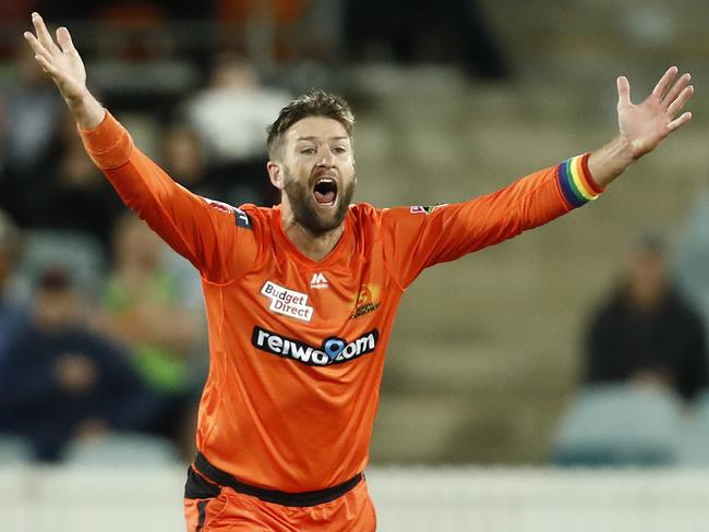 CANBERRA, AUSTRALIA - DECEMBER 22: Andrew Tye of the Perth Scorchers appeals for caught behind during the Big Bash League match between the Sydney Thunder and the Perth Scorchers at Manuka Oval, on December 22, 2020, in Canberra, Australia. (Photo by Darrian Traynor/Getty Images)