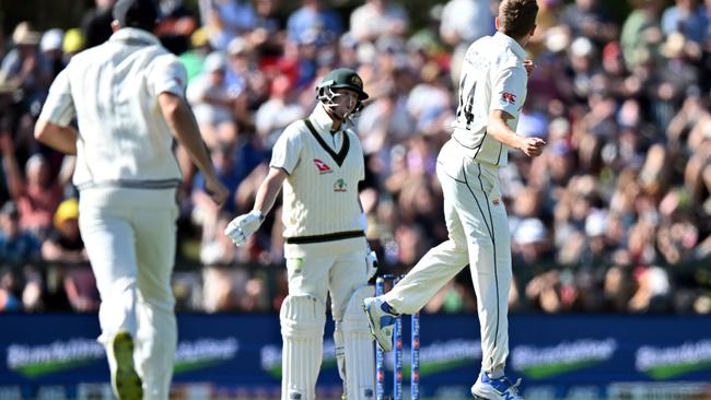 Rookie Kiwi paceman Ben Sears is rapt after dismissing Steve Smith on the opening day of the second Test at Hagley Oval. Picture: Getty Images