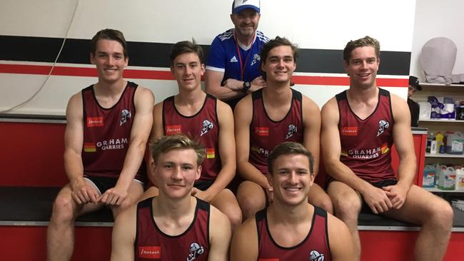 Back (L-R), Zac Hart, Liam Boyd, Finn Ryan, James Rendell, front (L-R) Bailey Lambert and Devlin Brereton with coach Danny Ryan.