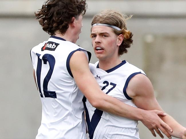 MELBOURNE, AUSTRALIA - JUNE 11: Zac McInnes of Victoria Country (R) celebrates a goal with teammate Archie Caldow of Victoria Country during the 2022 National Development Championships U16 Boys match between Vic Metro and Vic Country at Ikon Park on June 11, 2022 in Melbourne, Australia. (Photo by Dylan Burns/AFL Photos)