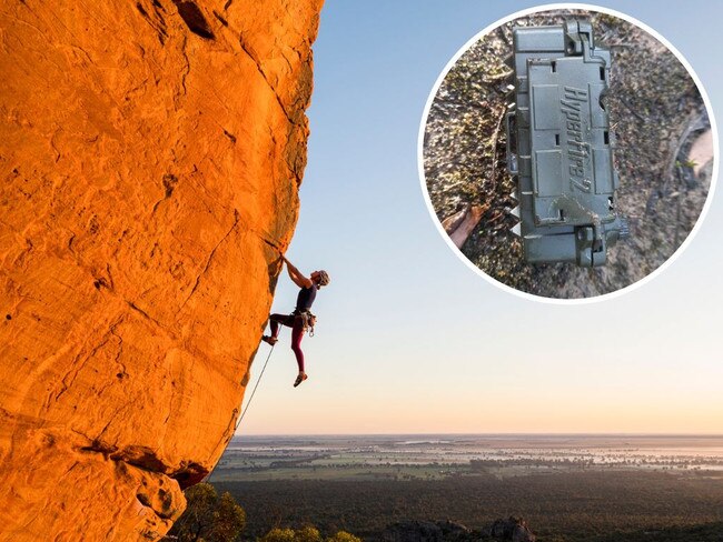 Ashlee Hendy climbs Wheels of Steel at Koalasquatsy Crag in the Grampians, Victoria; Parks Victoria is using sophisticated spy cameras, inset, to target rock climbers. Picture: Simon Carter