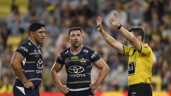 Reece Robson was sent to the sin bin after hitting a falling Aiden Tolman in the head. Picture: Getty Images.