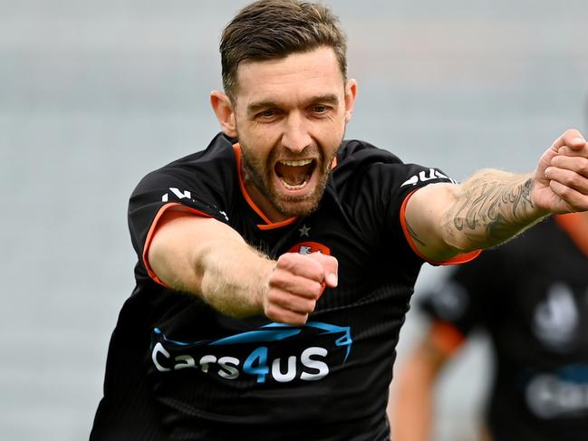 AUCKLAND, NEW ZEALAND - APRIL 16: James O'Shea of the Brisbane Roar celebrates after scoring a goal during the round 24 A-League Men's match between Wellington Phoenix and Brisbane Roar at Eden Park, on April 16, 2023, in Auckland, New Zealand. (Photo by Hannah Peters/Getty Images)