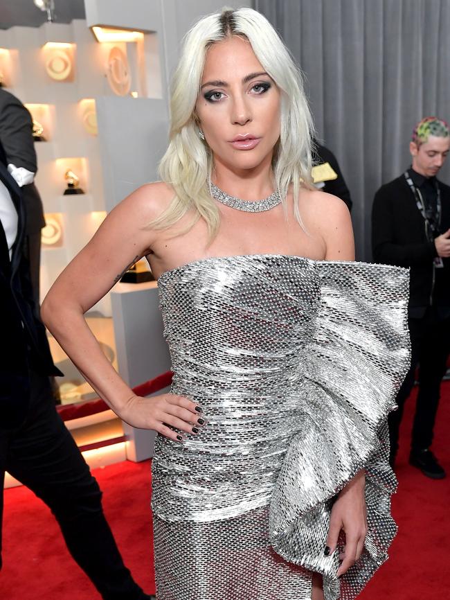 Lady Gaga attends the Grammys sparkling in silver. Picture: Getty