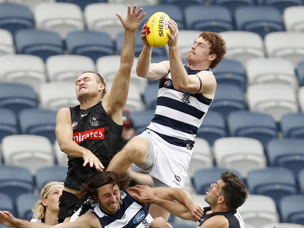 Gary Rohan took flight in Geelong’s practice game against Collingwood, but will need to take that form into the Cats’ home and away campaign. Picture: Darrian Traynor/Getty Images