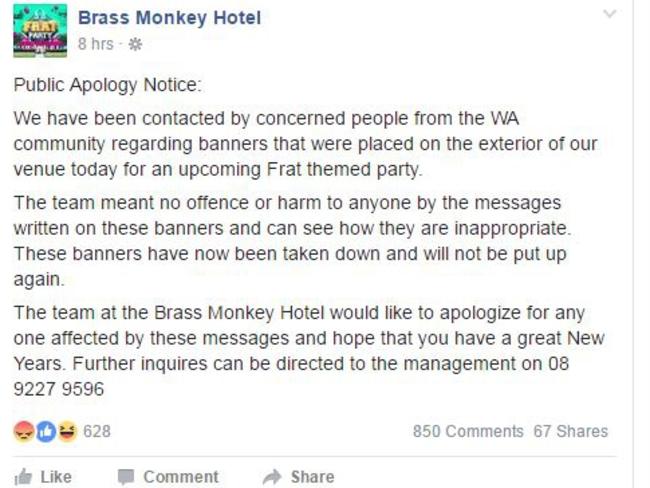 The Brass Monkey Hotel in Northbridge has apologised for the banners. Picture: Facebook/Brass Monkey Hotel