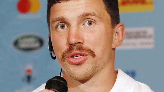 Russian rugby team's captain Vasily Artemyev speaks at a press conference in Tokyo Wednesday, Sept. 18, 2019, ahead of their Rugby World Cup match against Japan. (Yuki Sato/Kyodo News via AP)