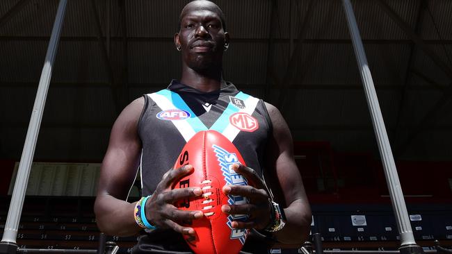 Aliir Aliir is ready to mix it with teammates in training. Picture: Mark Brake