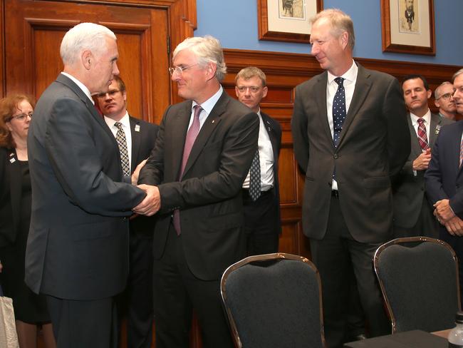 Mike Pence (left) meets CEO of Westfield, Steven Lowy, while attending a business listening session with Australian and US companies. Picture: Rick Rycroft-Pool/Getty Images