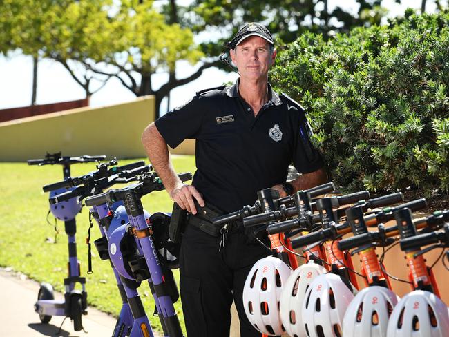 Townsville Highway Patrol Officer in Charge Senior Sergeant Robert Nalder spoke on e-scooter safety and education operation in Townsville. Picture: Shae Beplate.