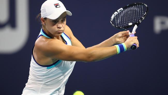 Ashleigh Barty back hands against Petra Kvitova.   (Photo by Julian Finney/Getty Images)