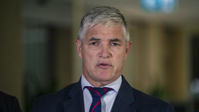 The Leader of the Katter Australia Party Robbie Katter flanked by party said the government needs to explain themselves. Picture: NewsWire / Glenn Campbell