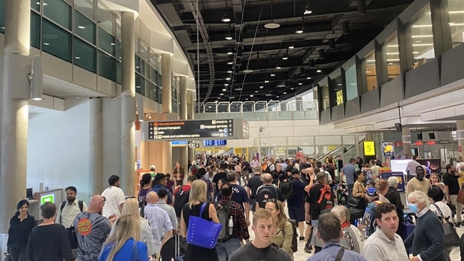 Massive lines at Brisbane Airport Friday afternoon after a tree caught in an overhead lines suspended all trains north of Eagle Junction.