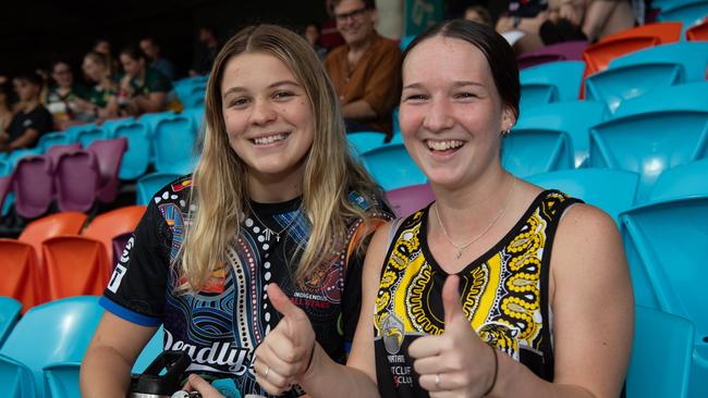 Alyssa Caruana and Scarlett Young at the NTFL Buffaloes' vs side the Essendon Bombers, TIO Darwin. Picture: Pema Tamang Pakhrin