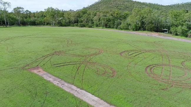 Drone video showing the reckless act of hoons running riot over a local cricket field.