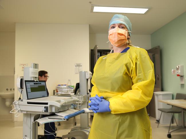 SYDNEY, AUSTRALIA - NewsWire Photos JULY 27: Eleanor Smith an ED registered nurse pictured at the Covid-19 testing clinic in her PPE gear at the Northern Beaches Hospital.Picture: NCA NewsWire / Damian Shaw