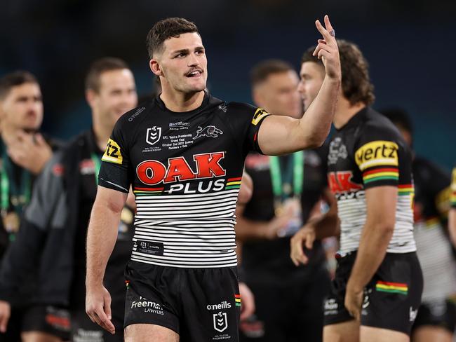 Two and counting: Nathan Cleary celebrates a second title after Penrith defeat Parramatta in the 2022 grand final. Photo: Cameron Spencer/Getty Images