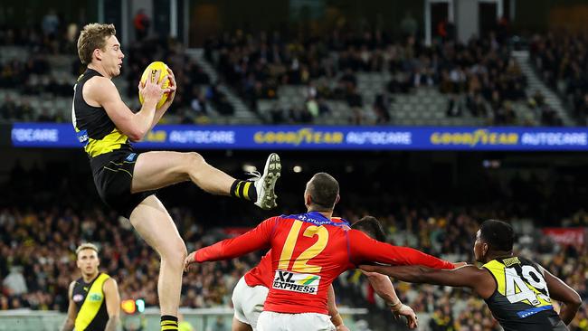 Tom Lynch takes a big mark against Brisbane at the MCG. Picture: Mark Stewart