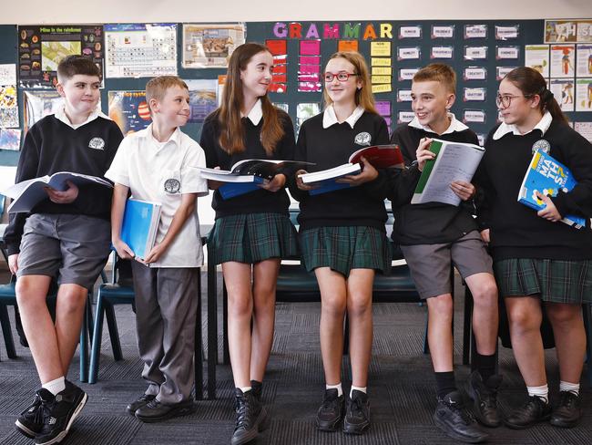 Year 7 students from Mount Anna High that are part of the transition class. L to R, Jai Owens, Riley Parkes, Kloe Bigeni, Bella Kelly, Eli Cooper and Sienna Gorgans. Picture: Sam Ruttyn