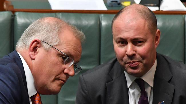 Prime Minister Scott Morrison and Treasurer Josh Frydenberg during Question Time on Thursday. Picture: Getty Images