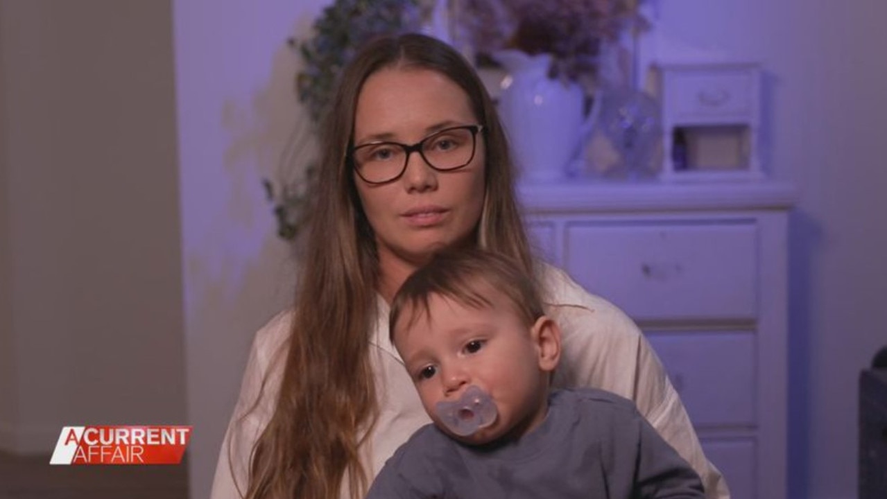 New mother Emma Robertson has said the tax cuts aren’t enough to keep families afloat during the cost of living. Picture: Nine/A Current Affair
