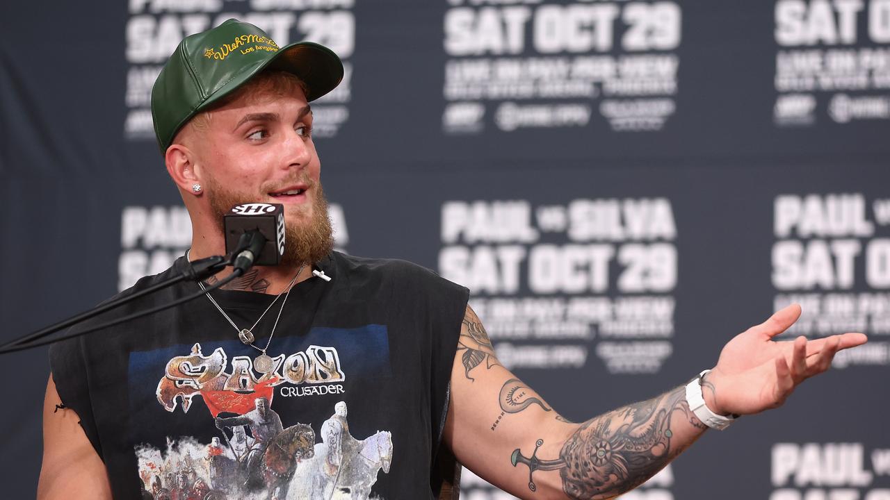 GLENDALE, ARIZONA - SEPTEMBER 13: Jake Paul speaks during a Jake Paul v Anderson Silva press conference at Gila River Arena on September 13, 2022 in Glendale, Arizona. (Photo by Christian Petersen/Getty Images)