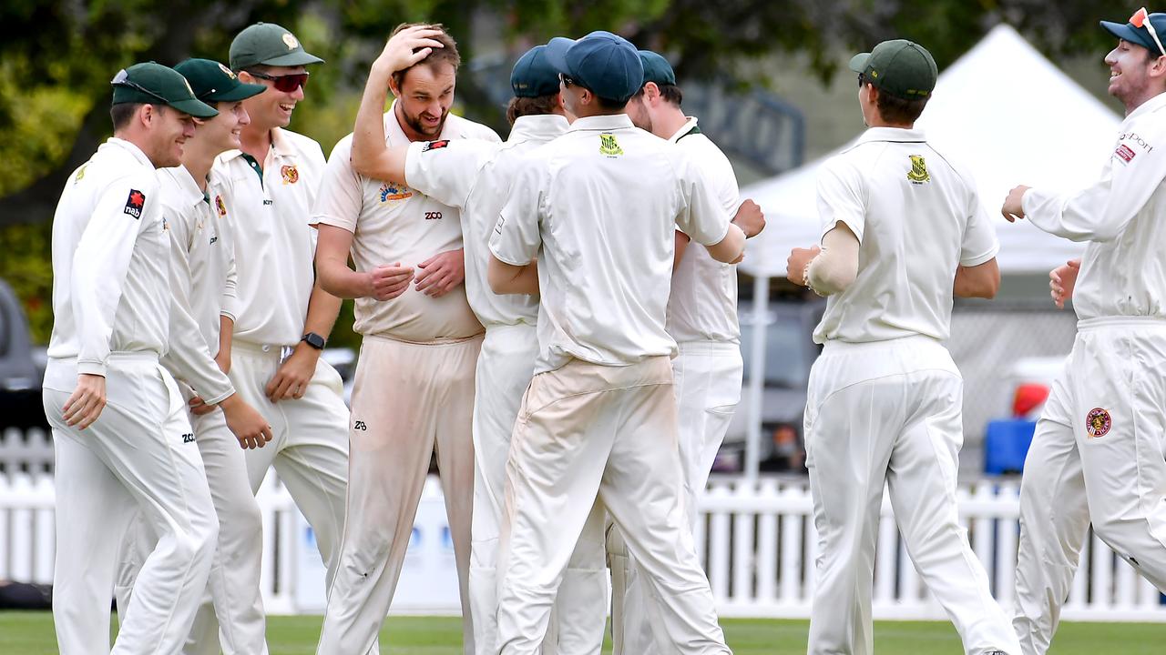 Redlands players celebrate a wicket Sci-Fleet Motors club cricket competition between Toombul and Redlands Saturday October 1, 2022. Picture, John Gass