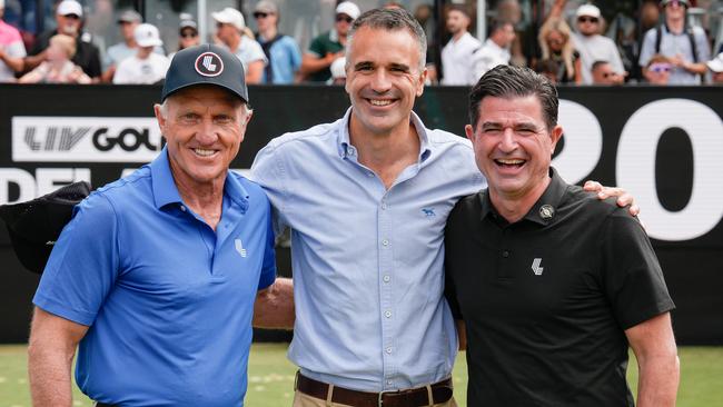 February 16th, 2025. Photo: Greg Norman, Peter Malinauskas and Scott OÃNeil. LIV Golf announcement. Picture: Tim Joy