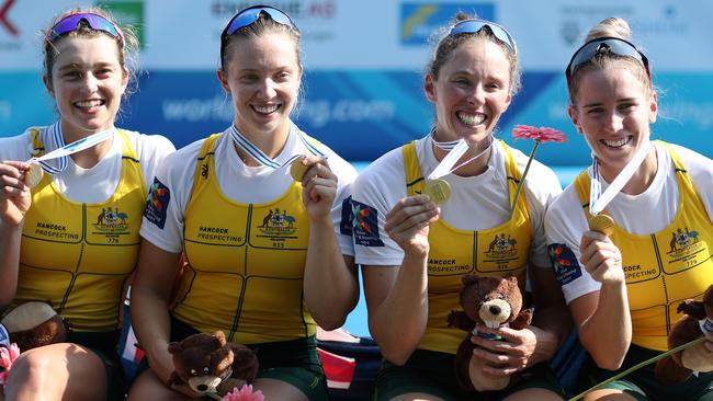 Aussie rowers Olympia Aldersey, Katrina Werry (second left), Sarah Hawe and Lucy Stephan pose after winning coxless fours final at the World Championships in 2019. Photo by Naomi Baker/Getty Images