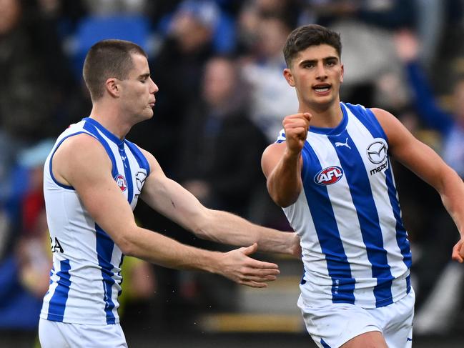 Harry Sheezel as enormous for the Roos against Geelong. Picture: Steve Bell/Getty Images