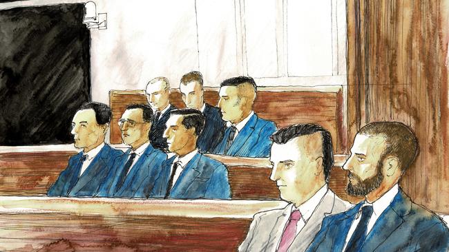 Jason De Ieso murder accused (back row) Kyle Pryde, Nicholas Sianis, Seywan Moradi, (centre) Mohamed Alzuain, Musa Alzuain, Husain Alzuain, (front), Daniel Jalleh and Ross Montgomery. Picture: Timothy Ide