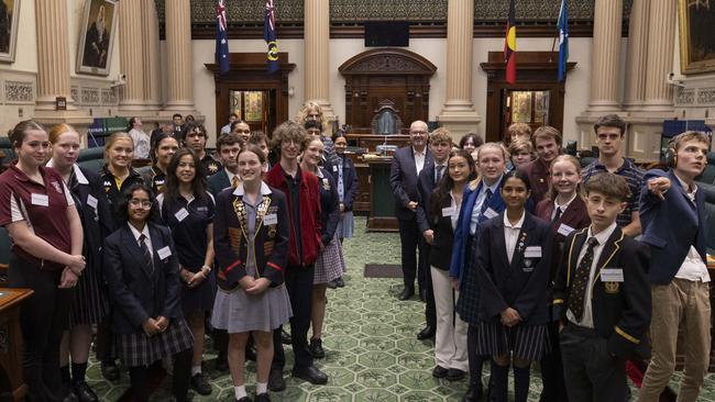 Teen Parliament participants with Speaker of the South Australian House of Assembly Leon Bignell at Parliament House. Picture: Brett Hartwig