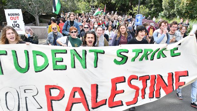 Pro-Palestinian activists protest at UQ on Thursday. Picture: John Gass