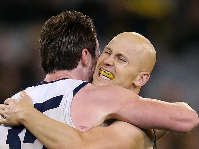 AFL Round 12. 07/06/2019. Richmond v Geelong at the MCG.  Geelong's Gary Ablett hugs Geelongs Patrick Dangerfield  after they combined for a Dangerfield 2nd quarter goal   .  Pic: Michael Klein