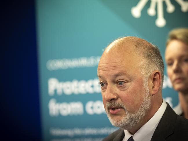 Health Minister Sarah Courtney and Acting Director of Public Health Dr Mark Veitch during a press conference at Hobart. Picture Chris Kidd