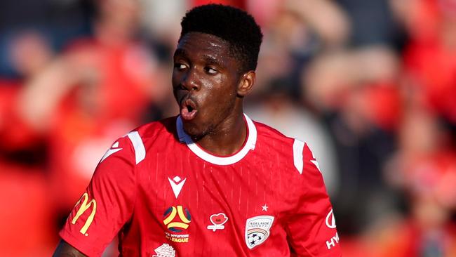 Adelaide United striker Al Hassan Toure scored the goal which took Australia to within one win of the Tokyo 2020 Olympic Games. Picture: AAP Image/Kelly Barnes