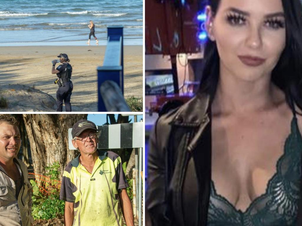 Kaitlin Jones (right) was almost stabbed to death on Blacks Beach in Mackay before being helped by tradies Paul Ferdinand who rang 000 and Gav Odgaard gave first aid.